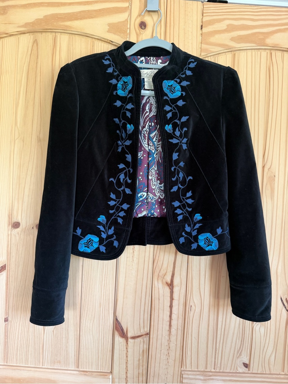 Lucky Brand Black Velvet Jacket with Blue Floral Embroidery liner